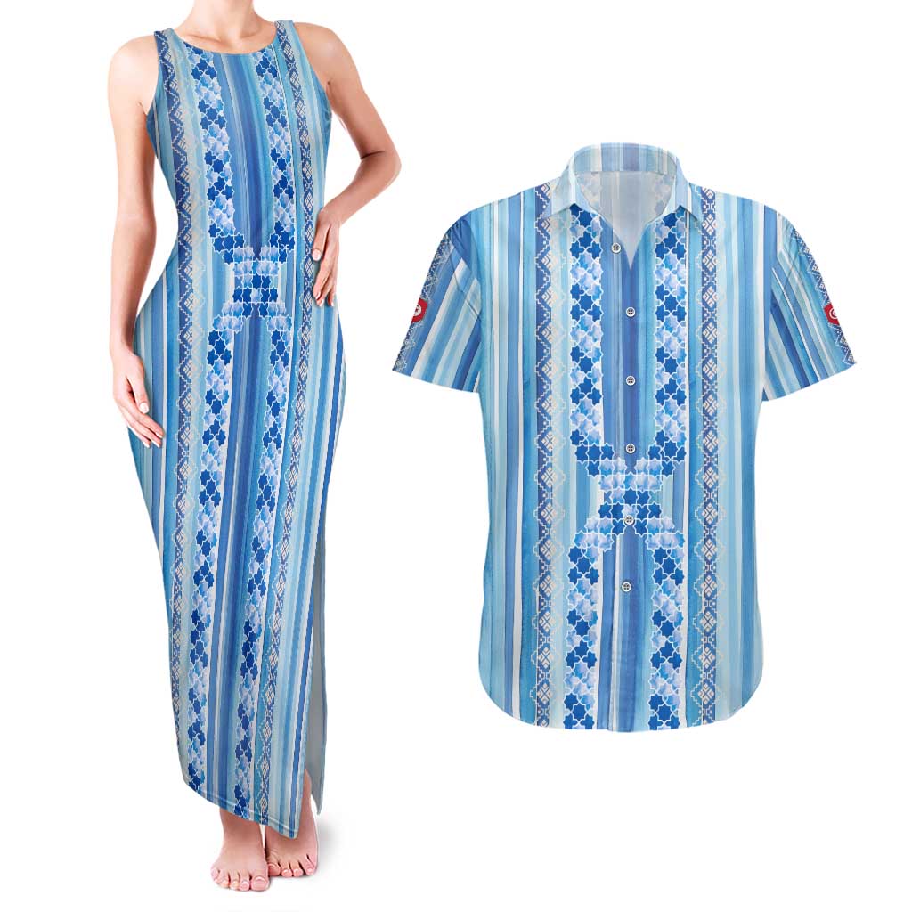 Tunisian Mosaic Pattern Couples Matching Tank Maxi Dress and Hawaiian Shirt with Blue Stripes and Traditional Tile Design
