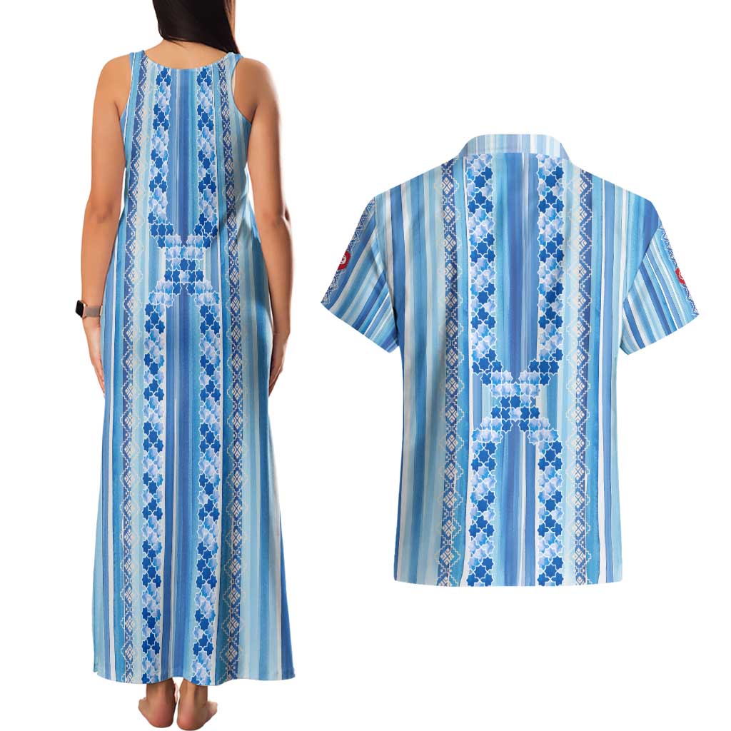 Tunisian Mosaic Pattern Couples Matching Tank Maxi Dress and Hawaiian Shirt with Blue Stripes and Traditional Tile Design