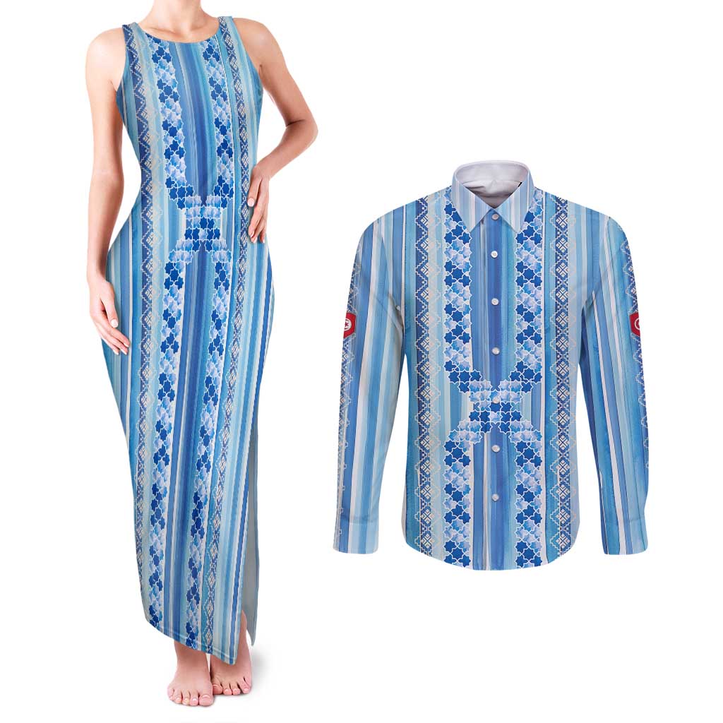 Tunisian Mosaic Pattern Couples Matching Tank Maxi Dress and Long Sleeve Button Shirt with Blue Stripes and Traditional Tile Design