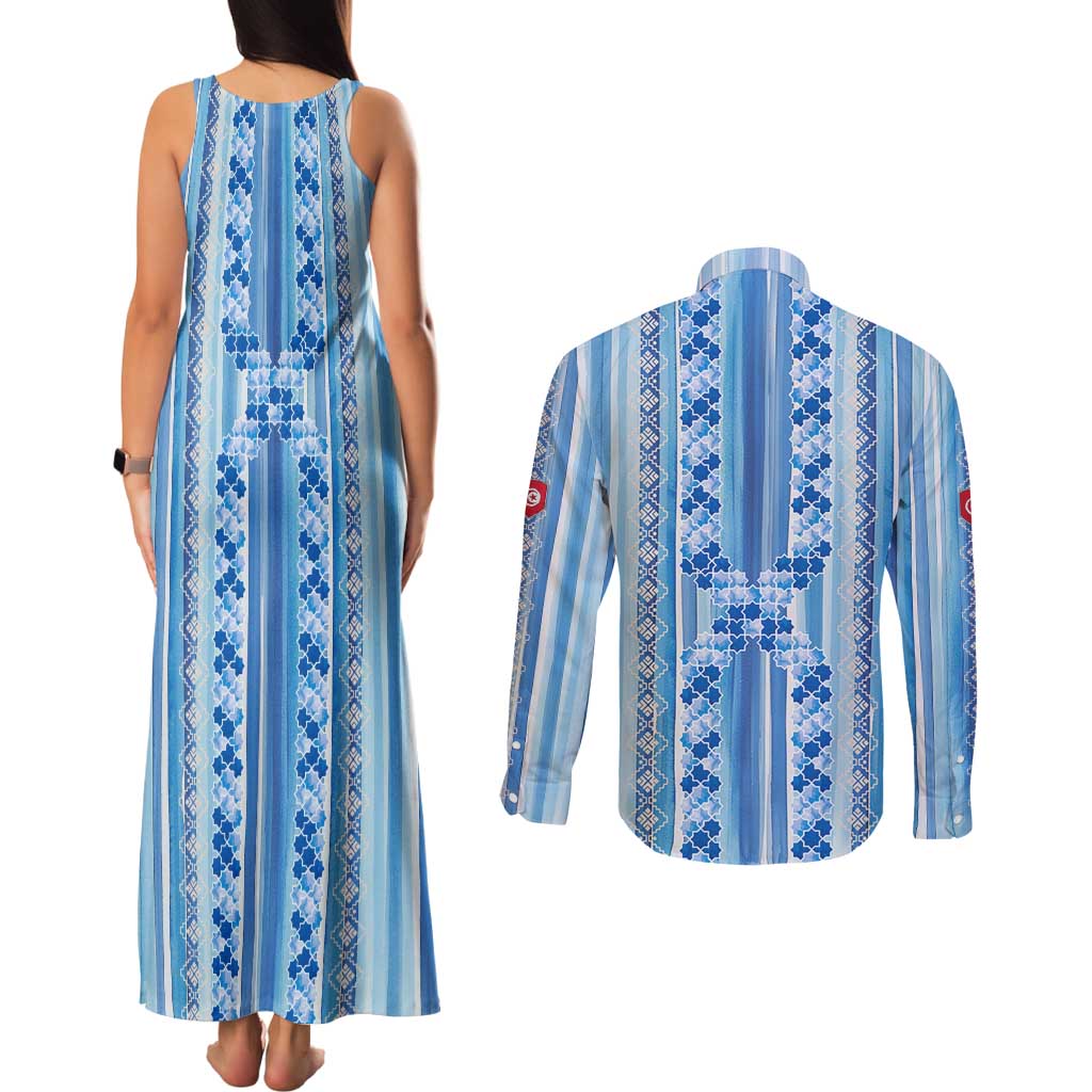 Tunisian Mosaic Pattern Couples Matching Tank Maxi Dress and Long Sleeve Button Shirt with Blue Stripes and Traditional Tile Design