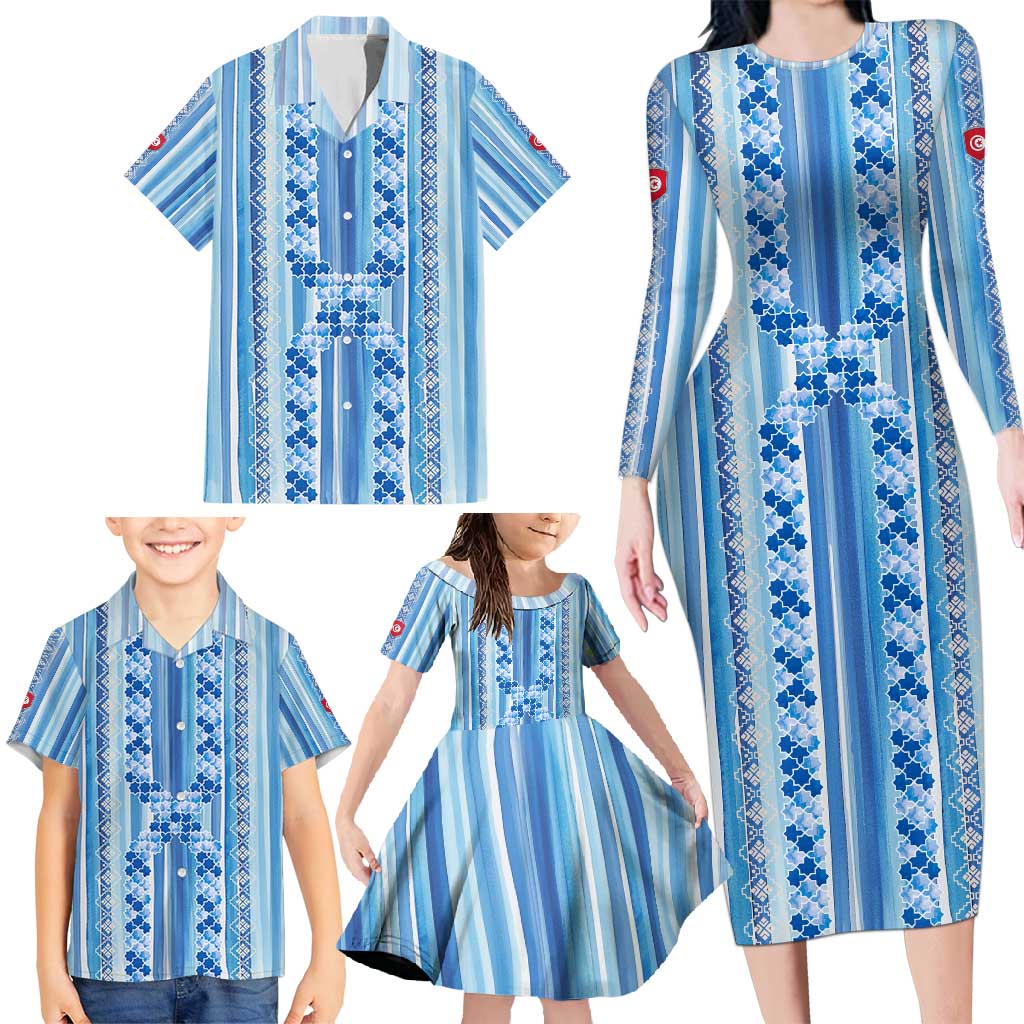 Tunisian Mosaic Pattern Family Matching Long Sleeve Bodycon Dress and Hawaiian Shirt with Blue Stripes and Traditional Tile Design