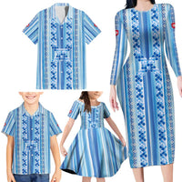 Tunisian Mosaic Pattern Family Matching Long Sleeve Bodycon Dress and Hawaiian Shirt with Blue Stripes and Traditional Tile Design