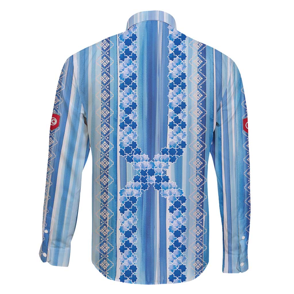 Tunisian Mosaic Pattern Family Matching Long Sleeve Bodycon Dress and Hawaiian Shirt with Blue Stripes and Traditional Tile Design