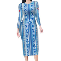 Tunisian Mosaic Pattern Family Matching Long Sleeve Bodycon Dress and Hawaiian Shirt with Blue Stripes and Traditional Tile Design