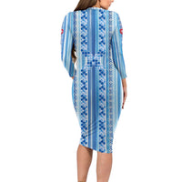 Tunisian Mosaic Pattern Family Matching Long Sleeve Bodycon Dress and Hawaiian Shirt with Blue Stripes and Traditional Tile Design