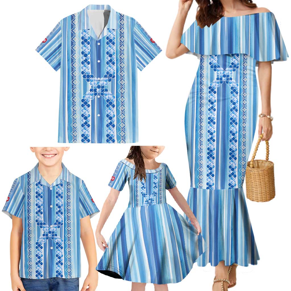 Tunisian Mosaic Pattern Family Matching Mermaid Dress and Hawaiian Shirt with Blue Stripes and Traditional Tile Design