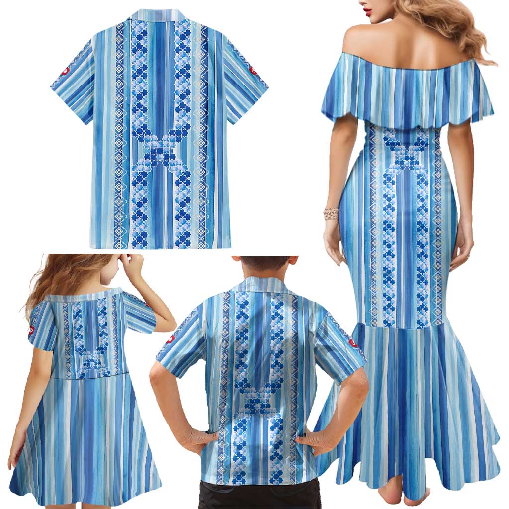 Tunisian Mosaic Pattern Family Matching Mermaid Dress and Hawaiian Shirt with Blue Stripes and Traditional Tile Design