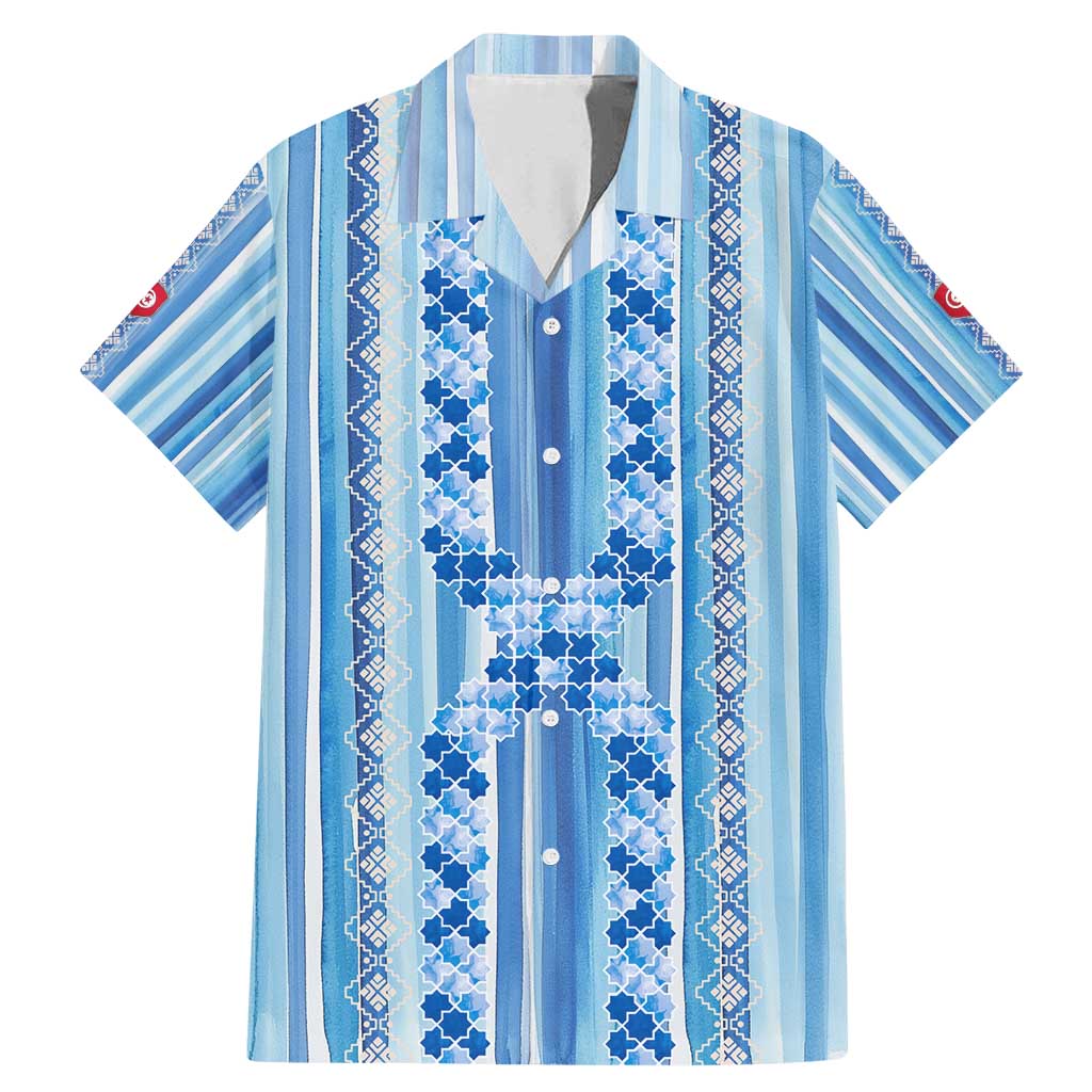 Tunisian Mosaic Pattern Family Matching Mermaid Dress and Hawaiian Shirt with Blue Stripes and Traditional Tile Design