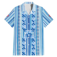 Tunisian Mosaic Pattern Family Matching Mermaid Dress and Hawaiian Shirt with Blue Stripes and Traditional Tile Design