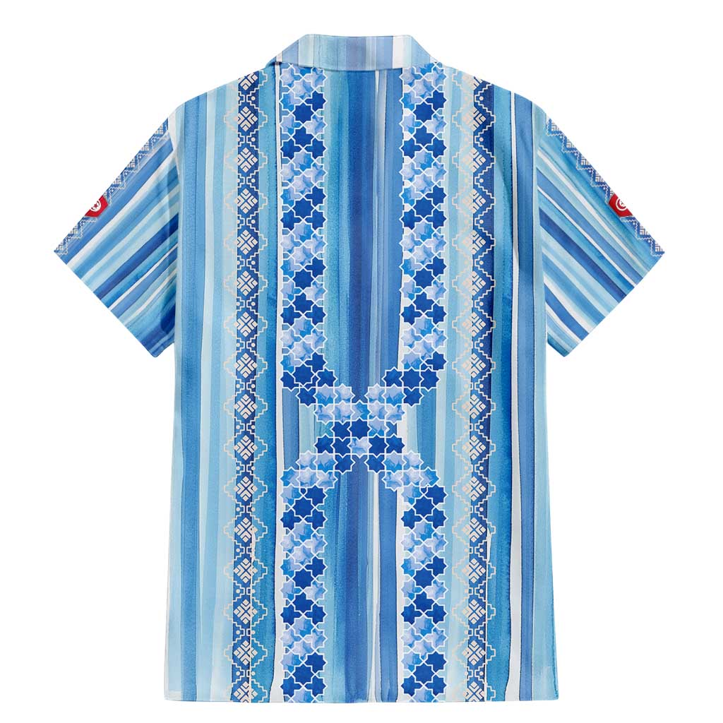 Tunisian Mosaic Pattern Family Matching Mermaid Dress and Hawaiian Shirt with Blue Stripes and Traditional Tile Design