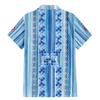 Tunisian Mosaic Pattern Family Matching Mermaid Dress and Hawaiian Shirt with Blue Stripes and Traditional Tile Design