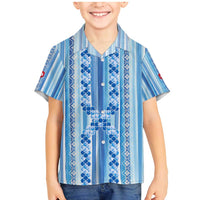 Tunisian Mosaic Pattern Family Matching Mermaid Dress and Hawaiian Shirt with Blue Stripes and Traditional Tile Design