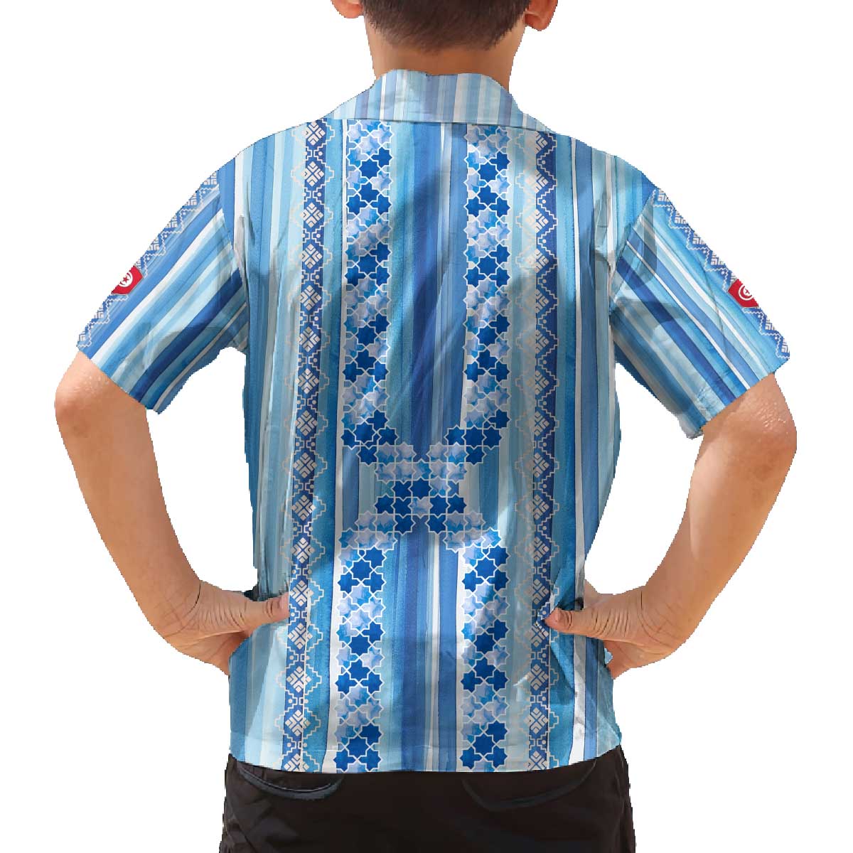 Tunisian Mosaic Pattern Family Matching Off The Shoulder Long Sleeve Dress and Hawaiian Shirt with Blue Stripes and Traditional Tile Design