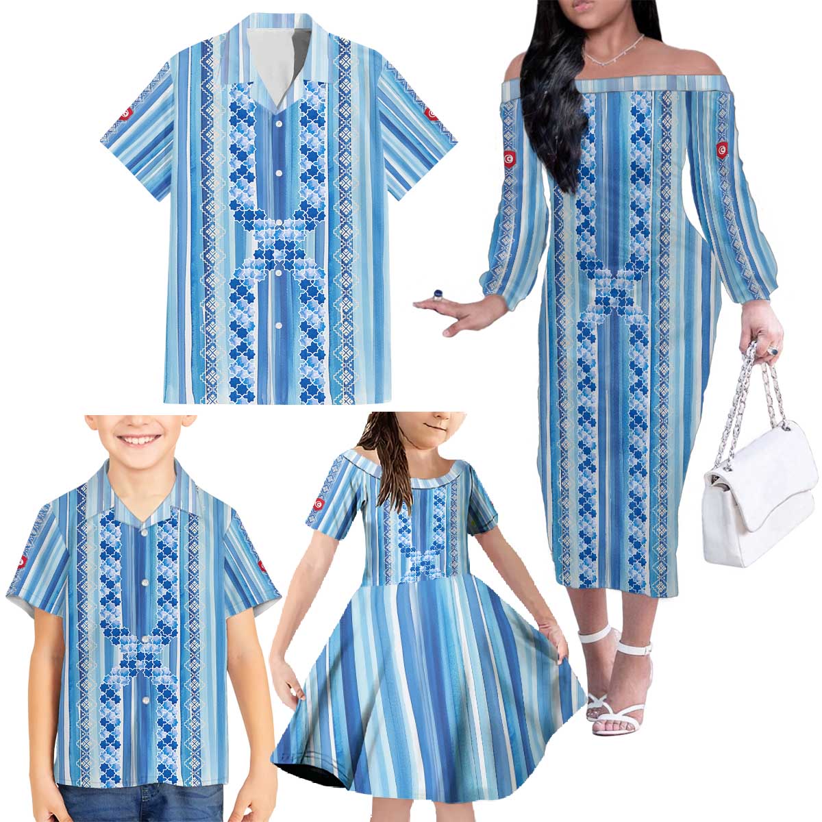 Tunisian Mosaic Pattern Family Matching Off The Shoulder Long Sleeve Dress and Hawaiian Shirt with Blue Stripes and Traditional Tile Design