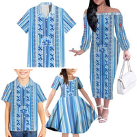 Tunisian Mosaic Pattern Family Matching Off The Shoulder Long Sleeve Dress and Hawaiian Shirt with Blue Stripes and Traditional Tile Design
