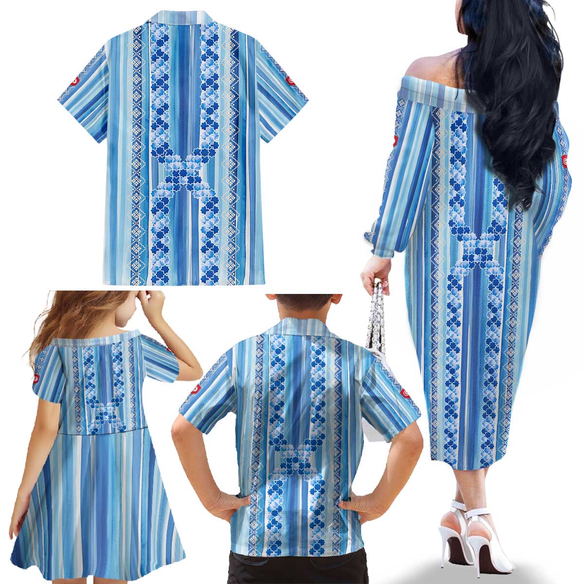Tunisian Mosaic Pattern Family Matching Off The Shoulder Long Sleeve Dress and Hawaiian Shirt with Blue Stripes and Traditional Tile Design