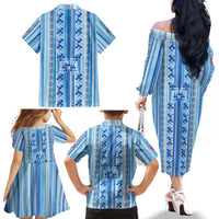Tunisian Mosaic Pattern Family Matching Off The Shoulder Long Sleeve Dress and Hawaiian Shirt with Blue Stripes and Traditional Tile Design