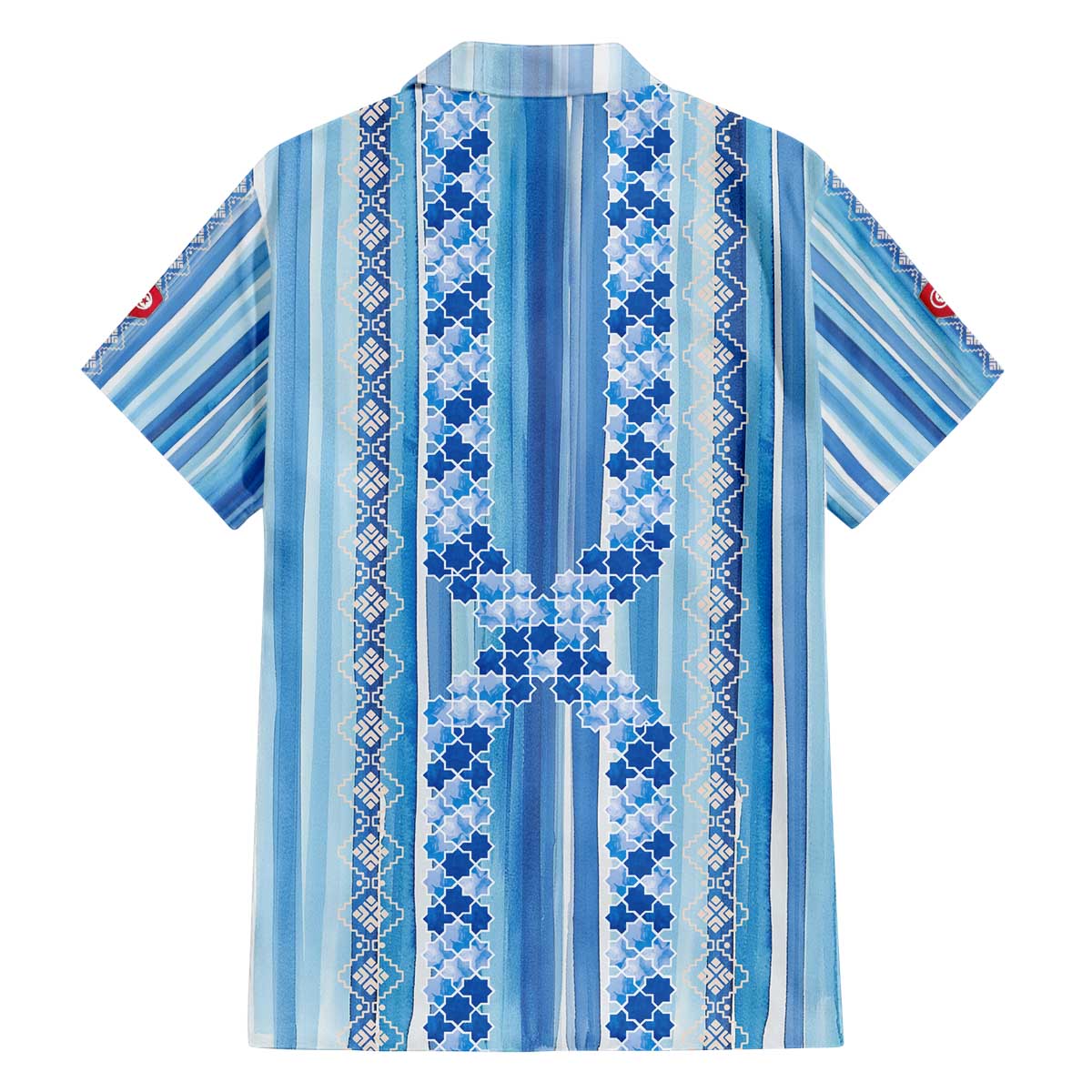 Tunisian Mosaic Pattern Family Matching Off The Shoulder Long Sleeve Dress and Hawaiian Shirt with Blue Stripes and Traditional Tile Design