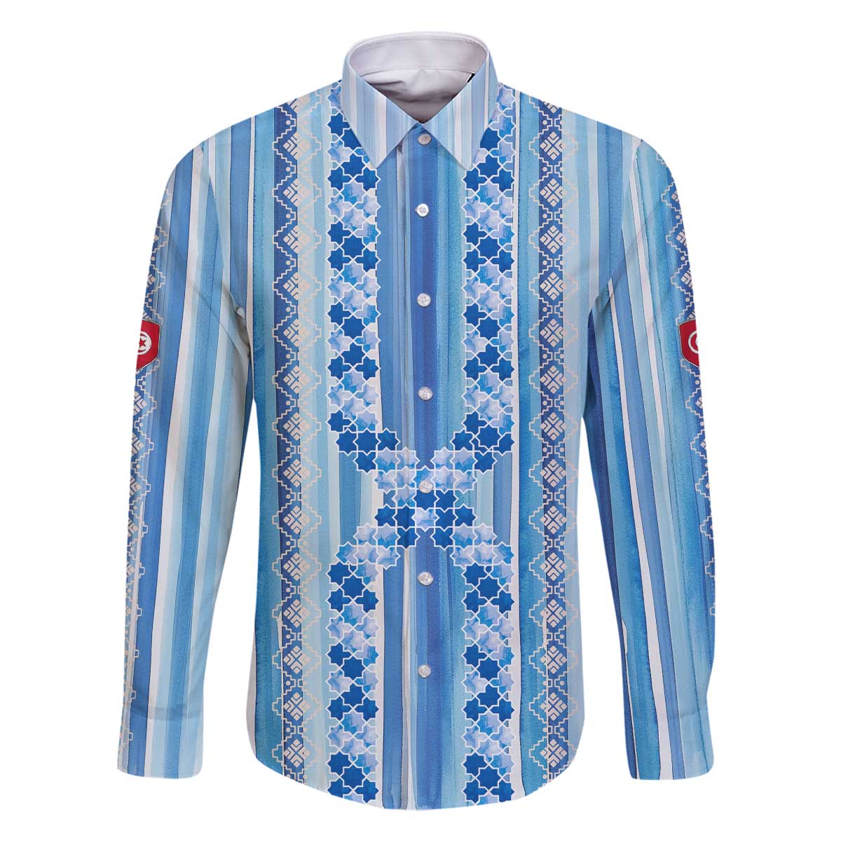 Tunisian Mosaic Pattern Family Matching Off The Shoulder Long Sleeve Dress and Hawaiian Shirt with Blue Stripes and Traditional Tile Design