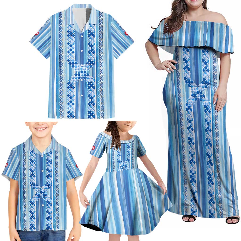Tunisian Mosaic Pattern Family Matching Off Shoulder Maxi Dress and Hawaiian Shirt with Blue Stripes and Traditional Tile Design