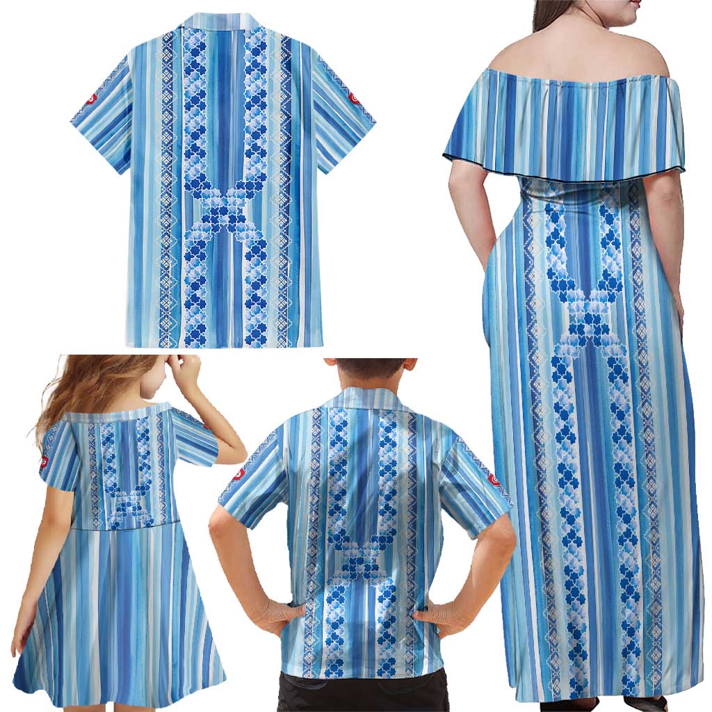 Tunisian Mosaic Pattern Family Matching Off Shoulder Maxi Dress and Hawaiian Shirt with Blue Stripes and Traditional Tile Design