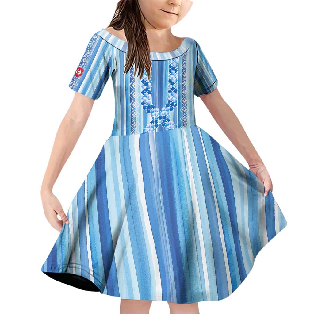 Tunisian Mosaic Pattern Family Matching Off Shoulder Short Dress and Hawaiian Shirt with Blue Stripes and Traditional Tile Design