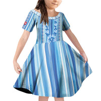 Tunisian Mosaic Pattern Family Matching Off Shoulder Short Dress and Hawaiian Shirt with Blue Stripes and Traditional Tile Design