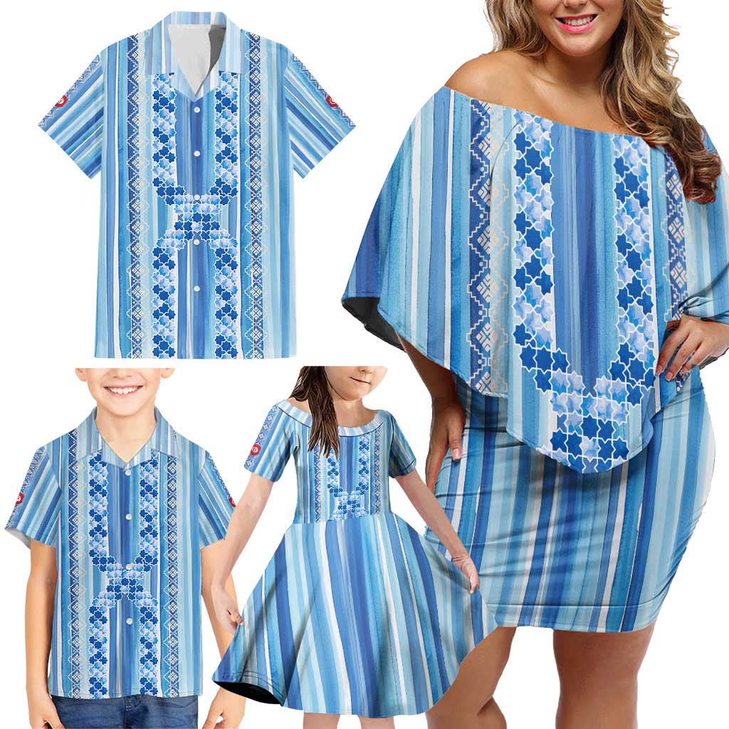 Tunisian Mosaic Pattern Family Matching Off Shoulder Short Dress and Hawaiian Shirt with Blue Stripes and Traditional Tile Design