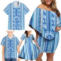 Tunisian Mosaic Pattern Family Matching Off Shoulder Short Dress and Hawaiian Shirt with Blue Stripes and Traditional Tile Design