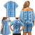 Tunisian Mosaic Pattern Family Matching Off Shoulder Short Dress and Hawaiian Shirt with Blue Stripes and Traditional Tile Design