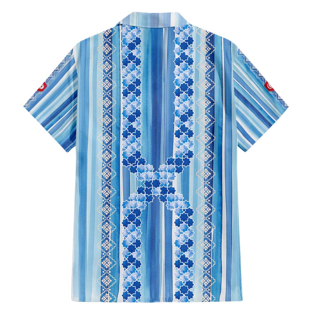 Tunisian Mosaic Pattern Family Matching Puletasi and Hawaiian Shirt with Blue Stripes and Traditional Tile Design