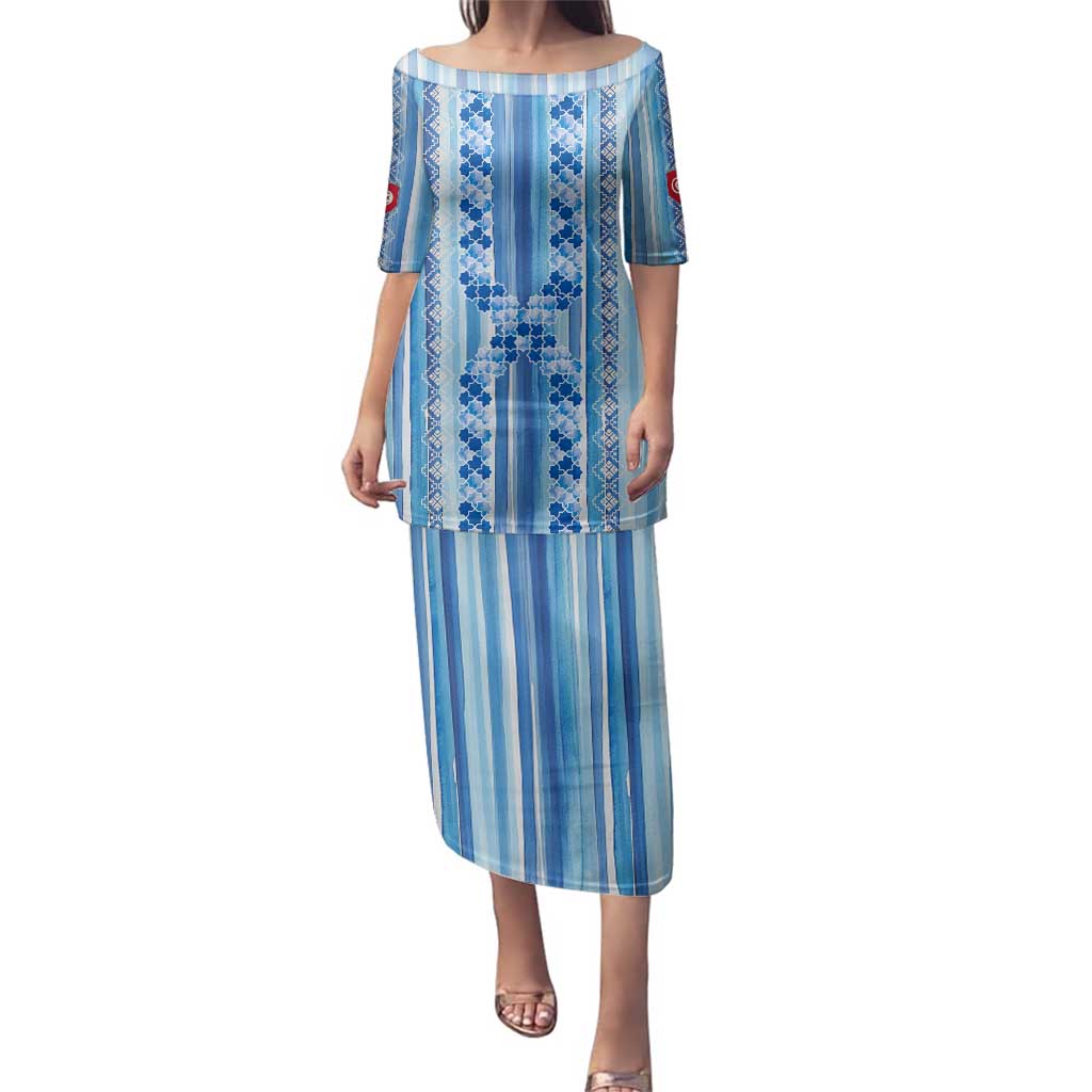Tunisian Mosaic Pattern Family Matching Puletasi and Hawaiian Shirt with Blue Stripes and Traditional Tile Design