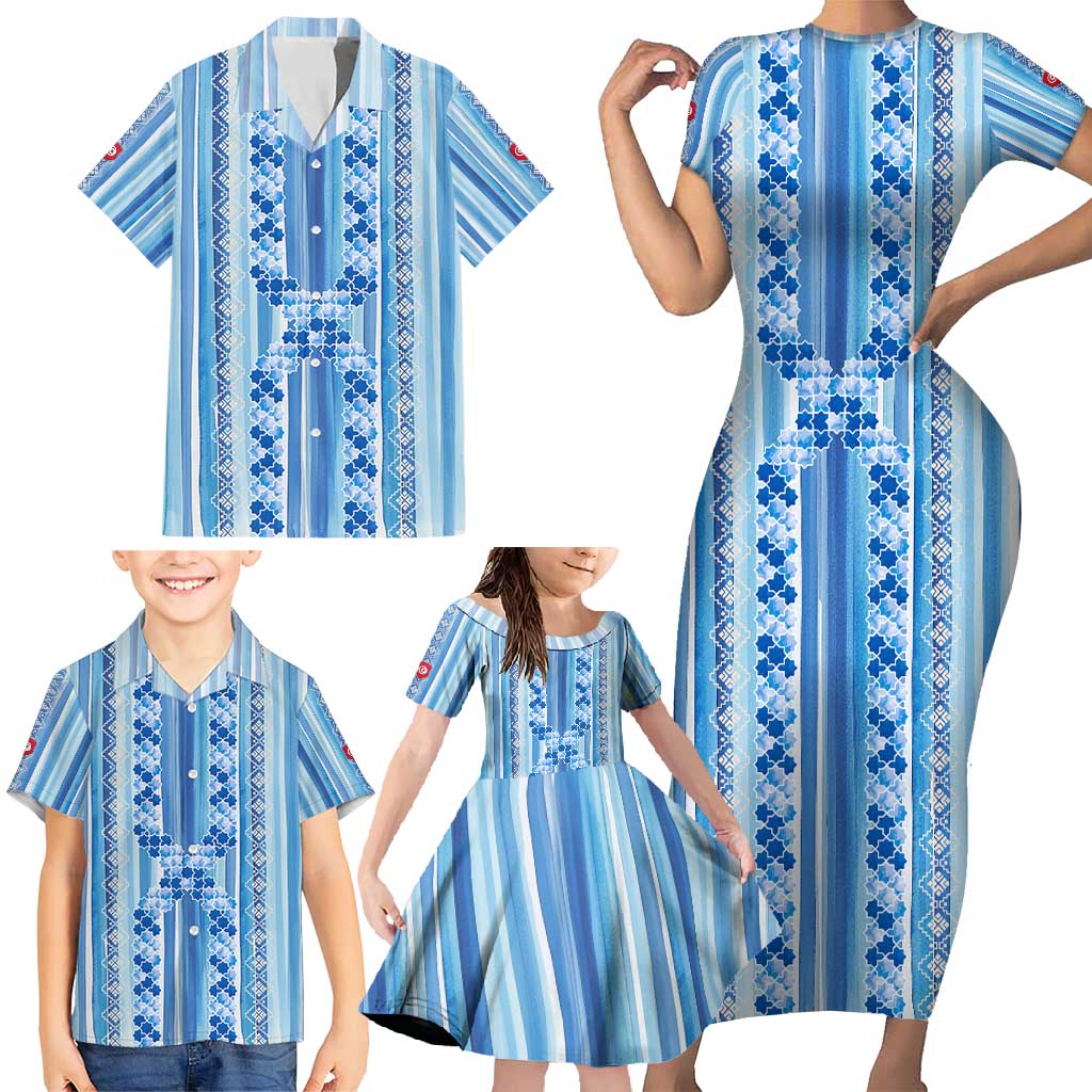 Tunisian Mosaic Pattern Family Matching Short Sleeve Bodycon Dress and Hawaiian Shirt with Blue Stripes and Traditional Tile Design