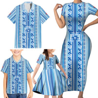 Tunisian Mosaic Pattern Family Matching Short Sleeve Bodycon Dress and Hawaiian Shirt with Blue Stripes and Traditional Tile Design