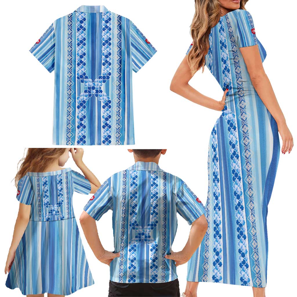 Tunisian Mosaic Pattern Family Matching Short Sleeve Bodycon Dress and Hawaiian Shirt with Blue Stripes and Traditional Tile Design