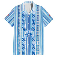 Tunisian Mosaic Pattern Family Matching Short Sleeve Bodycon Dress and Hawaiian Shirt with Blue Stripes and Traditional Tile Design