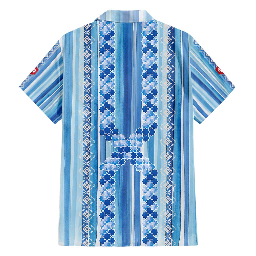 Tunisian Mosaic Pattern Family Matching Short Sleeve Bodycon Dress and Hawaiian Shirt with Blue Stripes and Traditional Tile Design