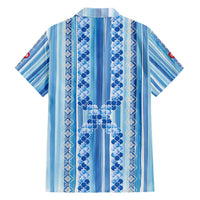 Tunisian Mosaic Pattern Family Matching Short Sleeve Bodycon Dress and Hawaiian Shirt with Blue Stripes and Traditional Tile Design