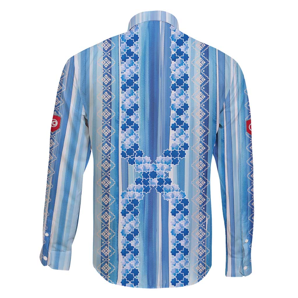Tunisian Mosaic Pattern Family Matching Short Sleeve Bodycon Dress and Hawaiian Shirt with Blue Stripes and Traditional Tile Design