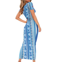Tunisian Mosaic Pattern Family Matching Short Sleeve Bodycon Dress and Hawaiian Shirt with Blue Stripes and Traditional Tile Design