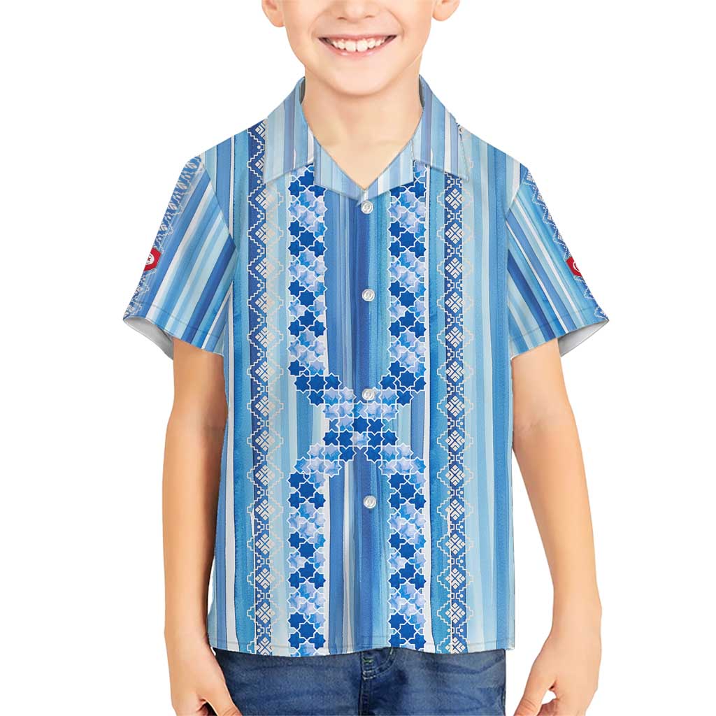 Tunisian Mosaic Pattern Family Matching Short Sleeve Bodycon Dress and Hawaiian Shirt with Blue Stripes and Traditional Tile Design