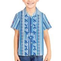 Tunisian Mosaic Pattern Family Matching Short Sleeve Bodycon Dress and Hawaiian Shirt with Blue Stripes and Traditional Tile Design