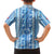 Tunisian Mosaic Pattern Family Matching Summer Maxi Dress and Hawaiian Shirt with Blue Stripes and Traditional Tile Design