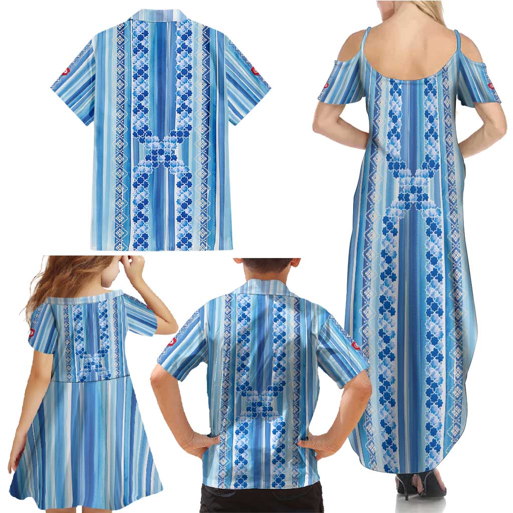 Tunisian Mosaic Pattern Family Matching Summer Maxi Dress and Hawaiian Shirt with Blue Stripes and Traditional Tile Design