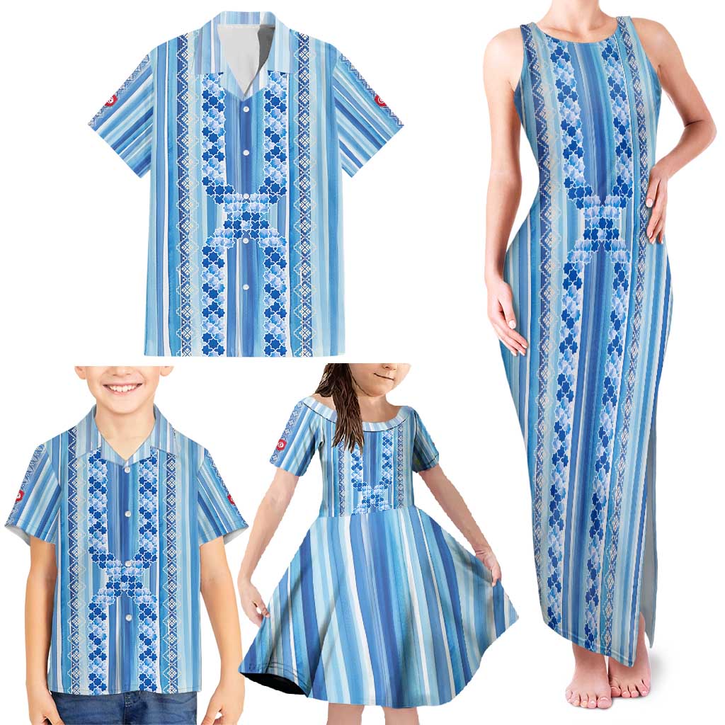 Tunisian Mosaic Pattern Family Matching Tank Maxi Dress and Hawaiian Shirt with Blue Stripes and Traditional Tile Design