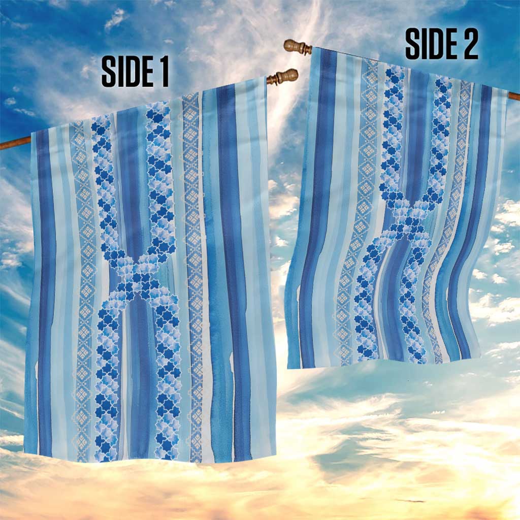 Tunisian Mosaic Pattern Garden Flag with Blue Stripes and Traditional Tile Design