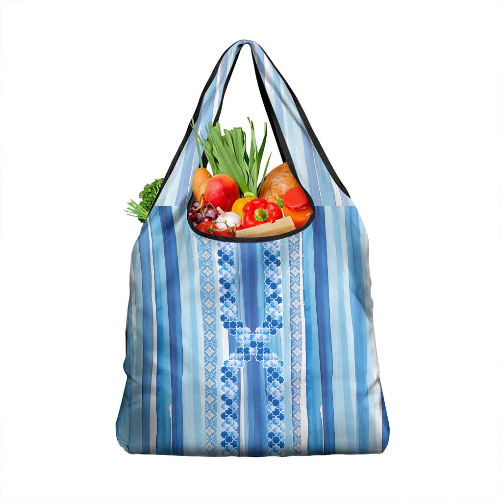 Tunisian Mosaic Pattern Grocery Bag with Blue Stripes and Traditional Tile Design