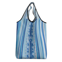 Tunisian Mosaic Pattern Grocery Bag with Blue Stripes and Traditional Tile Design