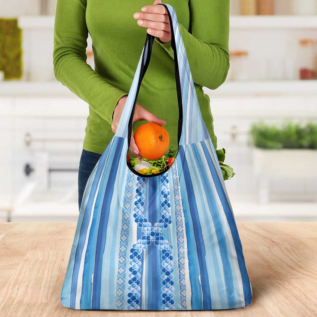 Tunisian Mosaic Pattern Grocery Bag with Blue Stripes and Traditional Tile Design