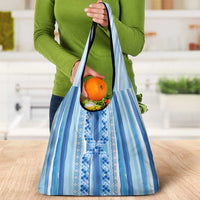 Tunisian Mosaic Pattern Grocery Bag with Blue Stripes and Traditional Tile Design
